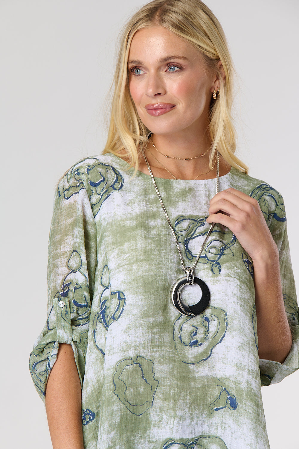 Saloos Swirl Print Double Layer Top with Necklace