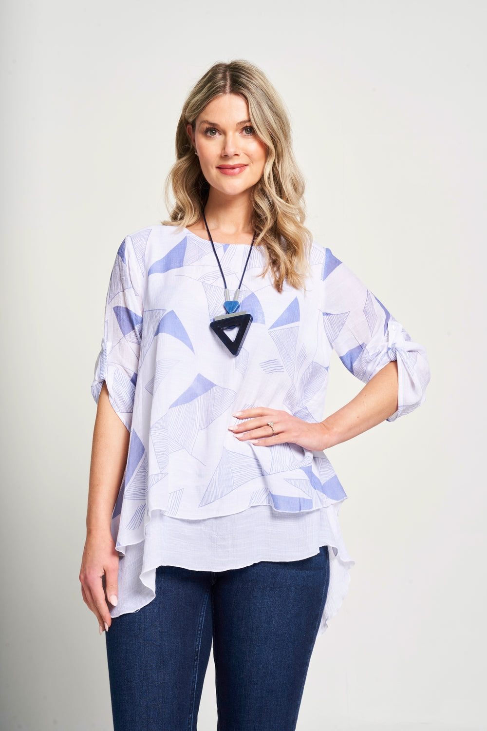 Saloos Geometric Pattern Split Back Top with Necklace