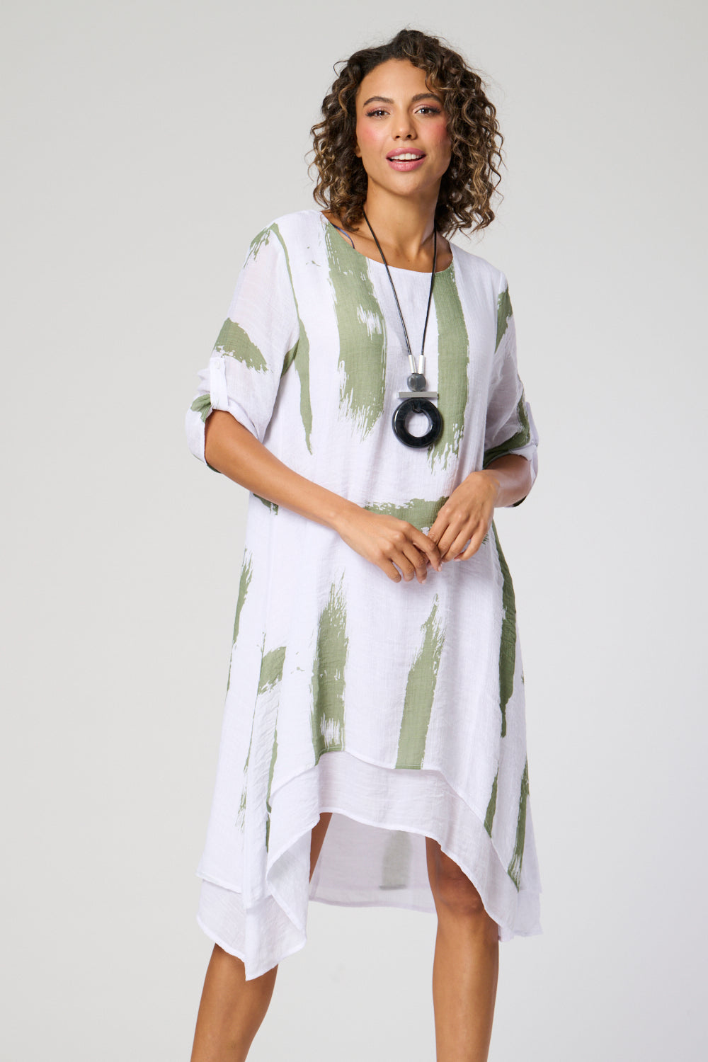 Saloos Ruched Sleeve Double Layer Dress with Necklace