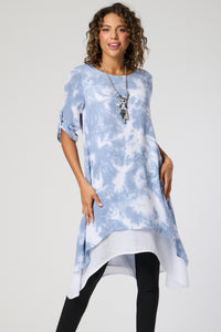 Saloos Tie Dye Ruched Sleeve Dress with Necklace