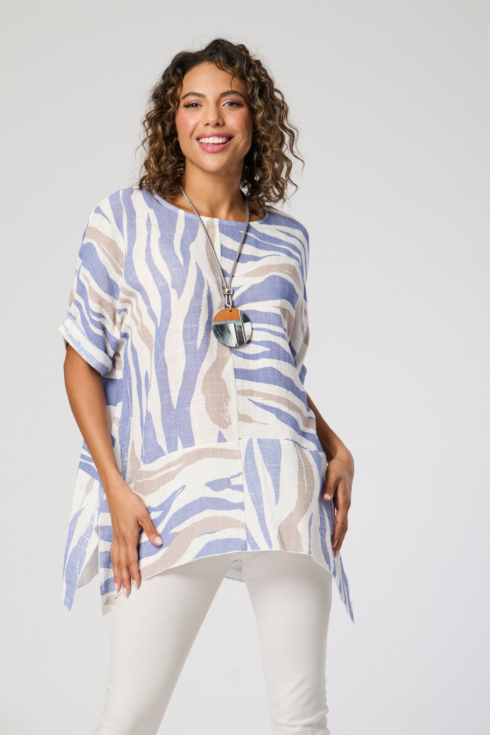 Saloos Zebra Print Panelled Cotton Top with Necklace