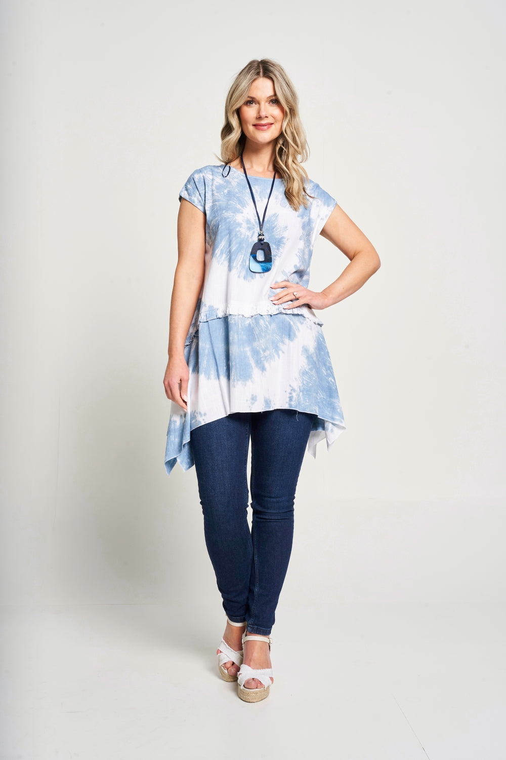Saloos Tie Dye Frill Sleeve Tunic with Necklace