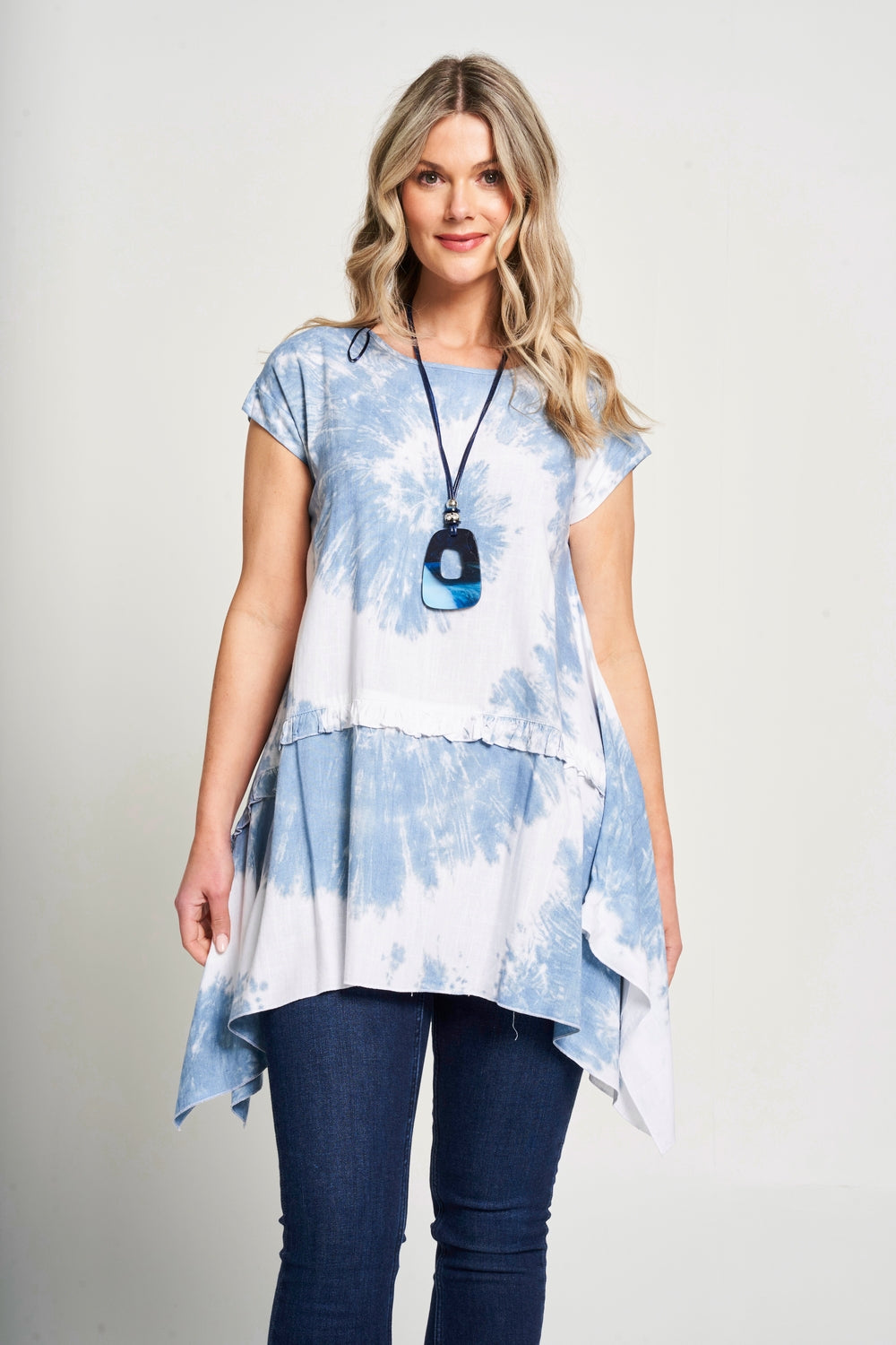 Saloos Tie Dye Frill Sleeve Tunic with Necklace