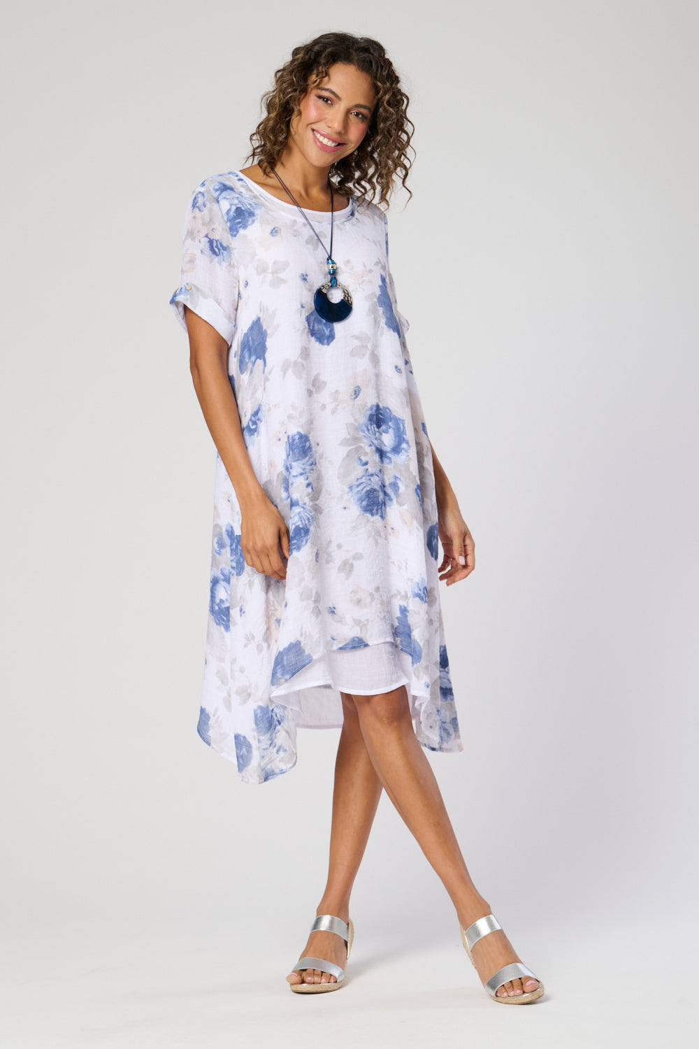 Saloos Print Double Layer Dress with Necklace