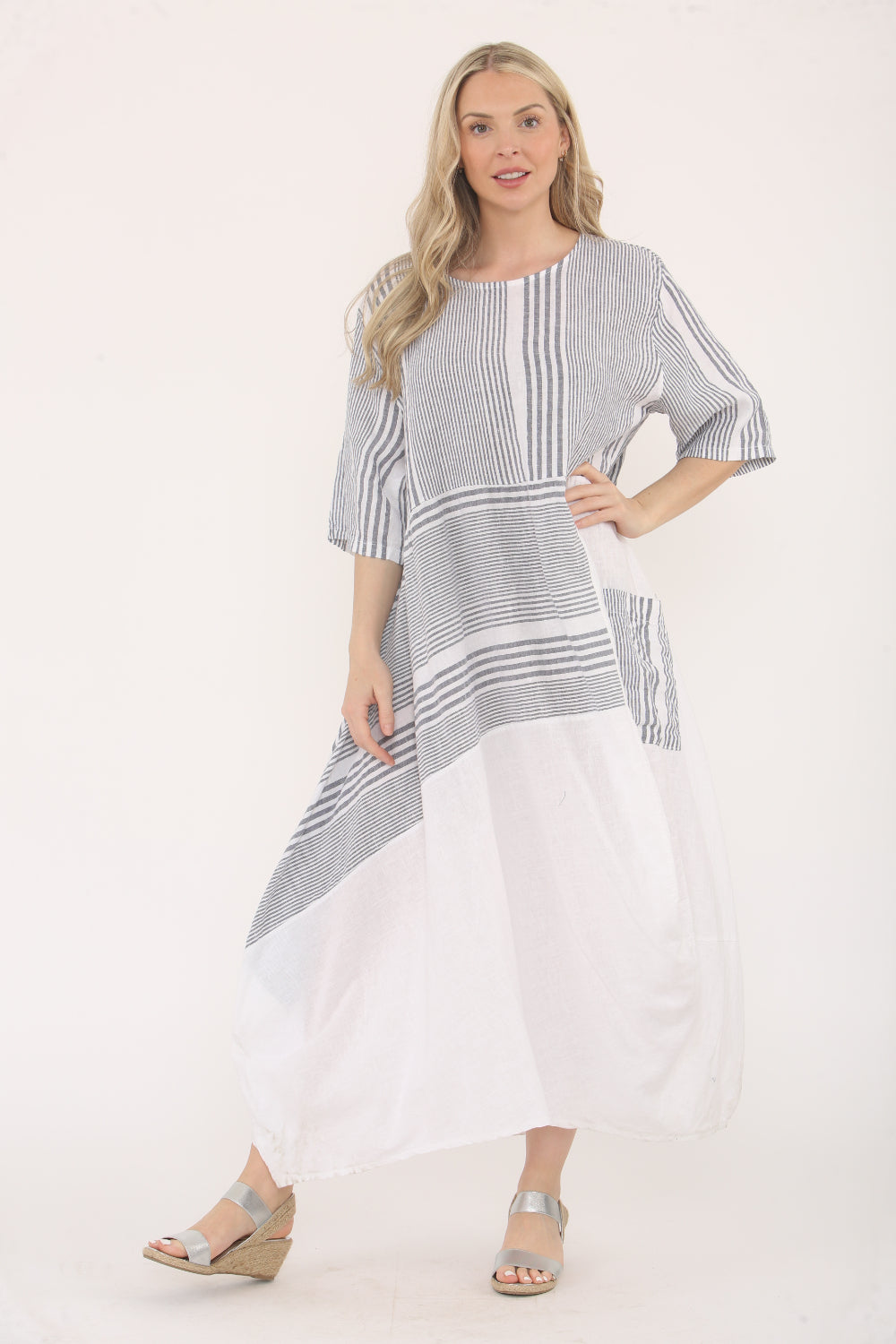 100% Linen Striped Oversized Bubble Hem Maxi Dress – Saloos