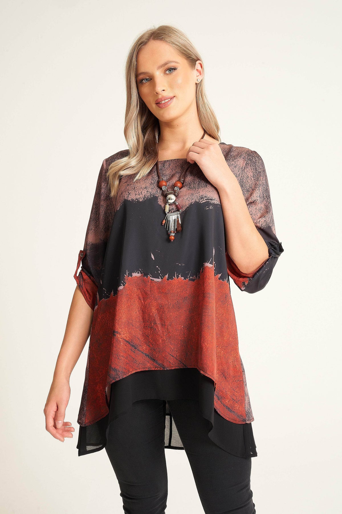 Saloos Silk-Look Tie-Dye Elliptical Tunic Top with Necklace