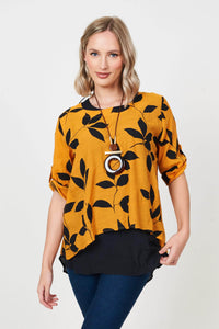 1I Top Mustard / UK: 10 - EU: 36 - US: XS Leaf Pattern Double Layer Top with Necklace