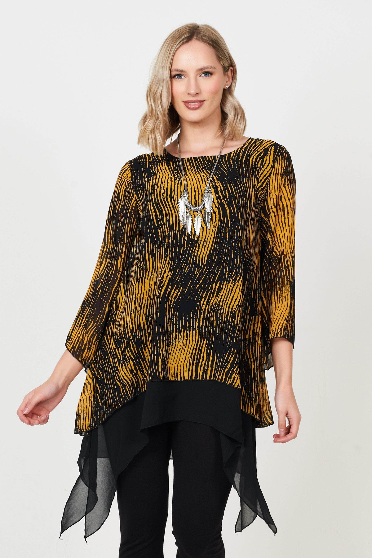 2G Top Mustard / UK: 10 - EU: 36 - US: XS Flared Double Layer Tunic Top with Necklace