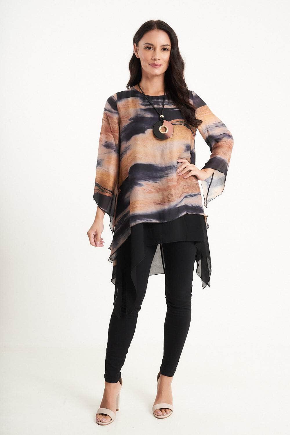 Saloos Double-Layered Silk-Look Flared Top with Split Back and Necklace