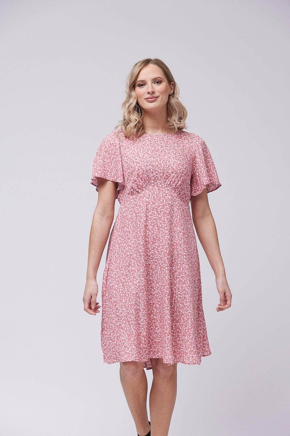 FP-F Dress Pink / UK: 10 - EU: 36 - US: XS Saloos Floral Printed Dress with Fluted Cape Sleeves