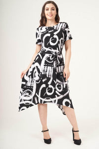 Saloos Dress 12 / Black and White A-Line Belted Midi-Dress