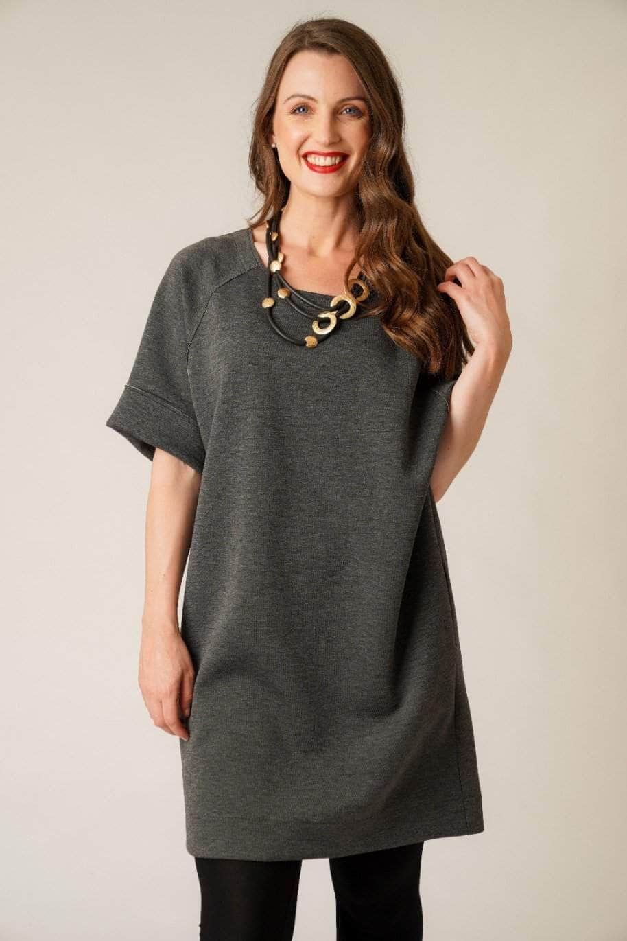 Saloos Dress Grey / 12 Relaxed Casual Tunic Dress with Necklace
