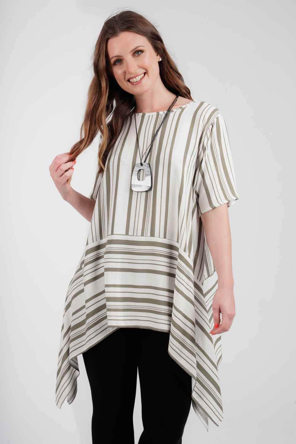Saloos Top 12 / Khaki Long A-Line Striped Top with Necklace