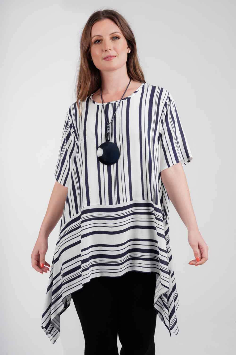 Saloos Top 12 / Navy Long A-Line Striped Top with Necklace