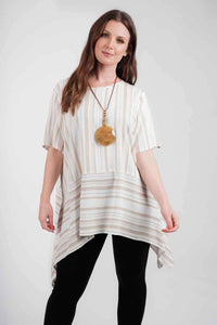 Saloos Top 12 / Taupe Long A-Line Striped Top with Necklace