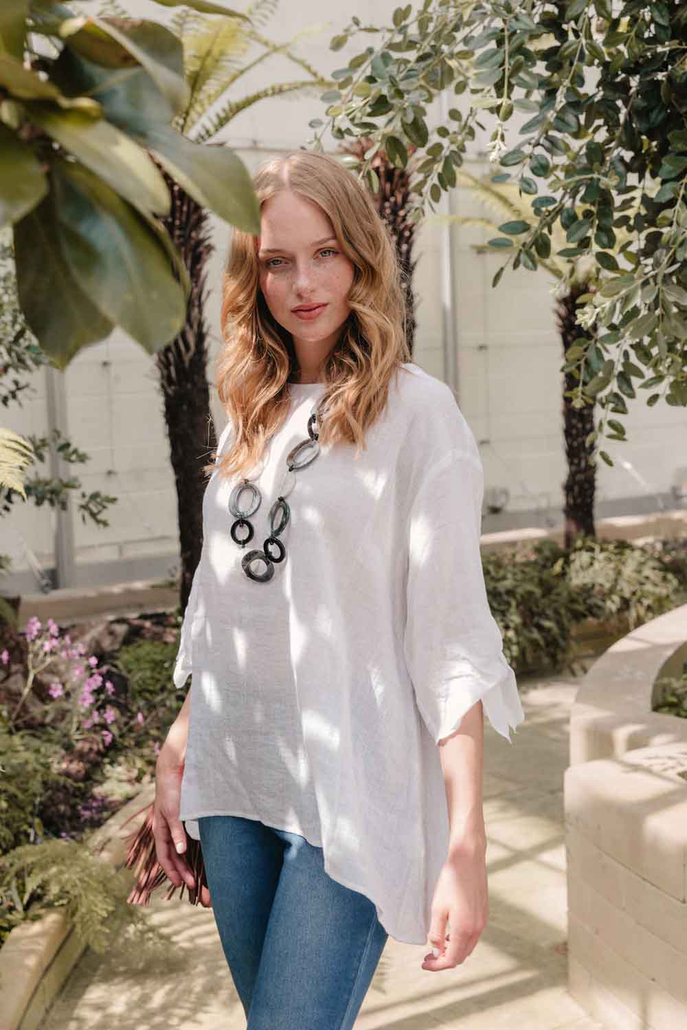 Saloos Top 12 / White Relaxed Linen-Cotton Top with Bow-Tie Sleeves