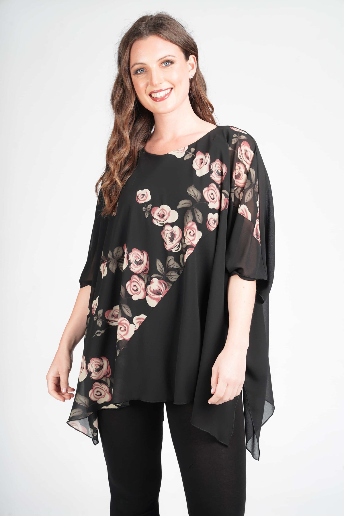 Saloos Top Dusky Pink / 12 Floral Chiffon Cape Top with Necklace