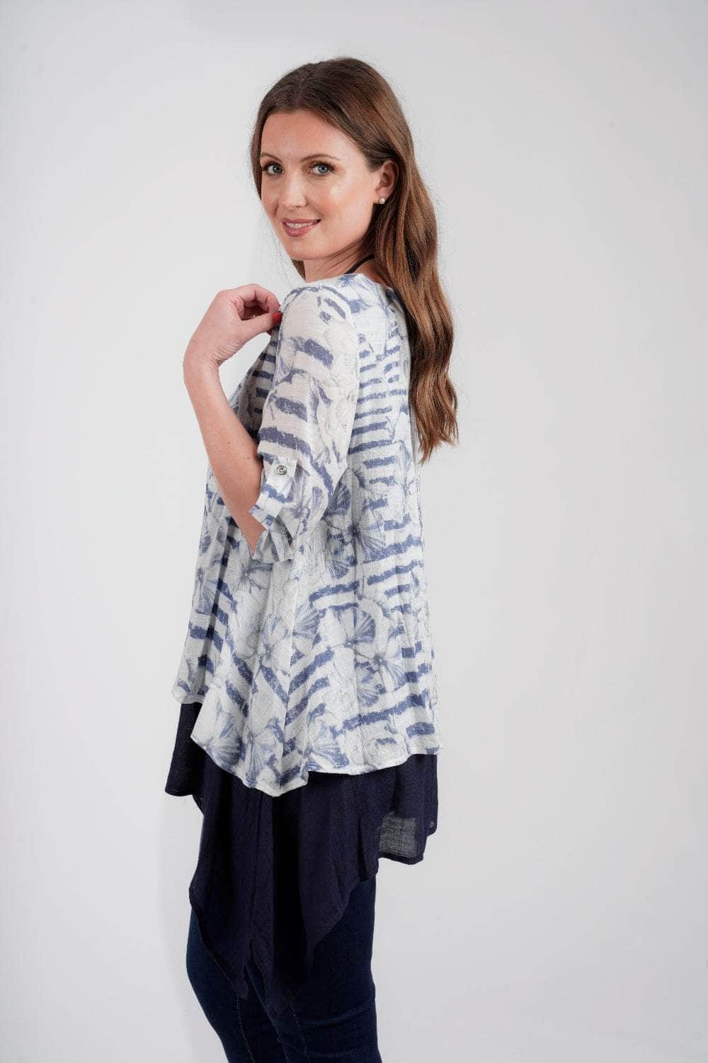 Saloos Top Floral Linen-Look Layered Top with Necklace