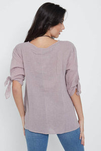 Saloos Top Relaxed Linen-Cotton Top with Bow-Tie Sleeves & Necklace