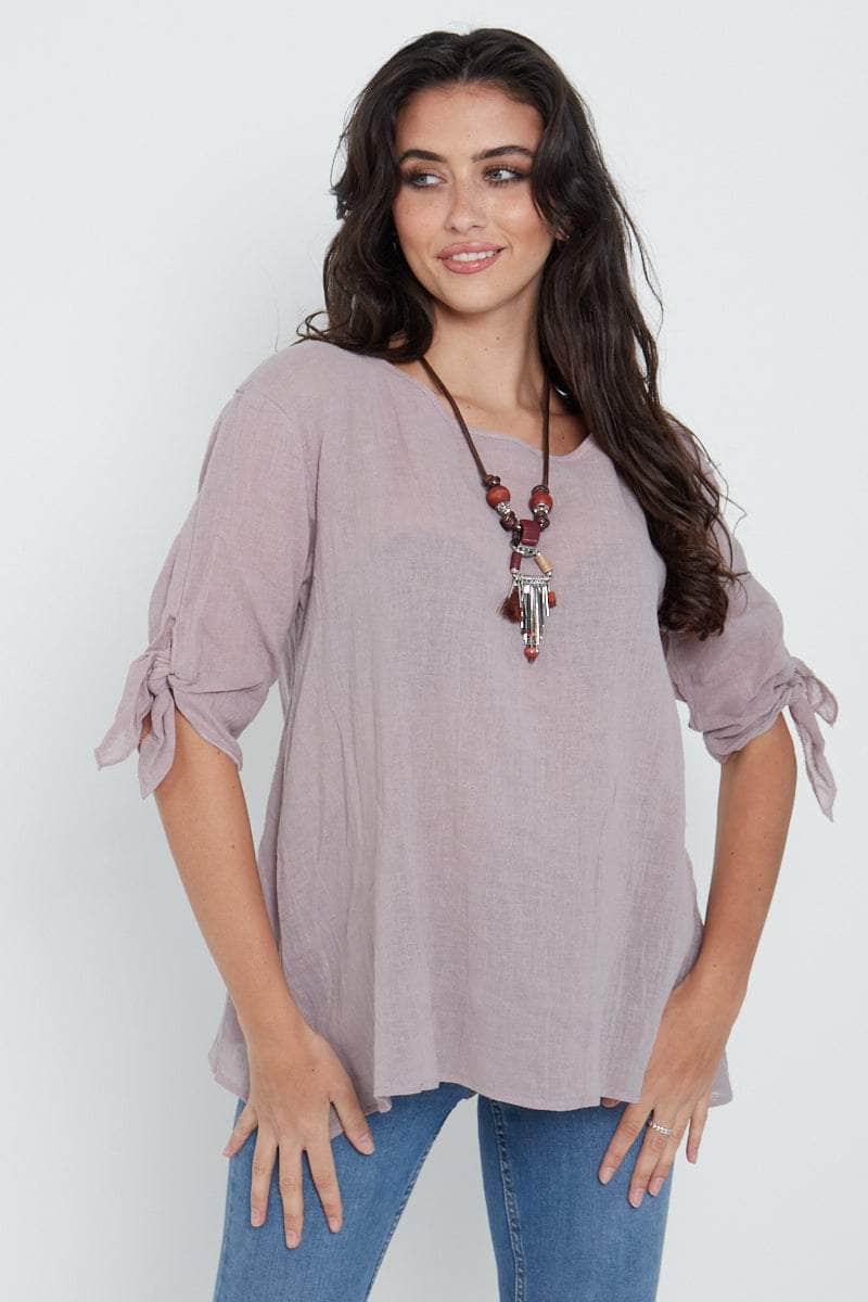 Saloos Top Stone / 12 Relaxed Linen-Cotton Top with Bow-Tie Sleeves & Necklace