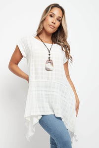 Saloos Top White / 12 Relaxed Cut Woven Cotton Top with Necklace