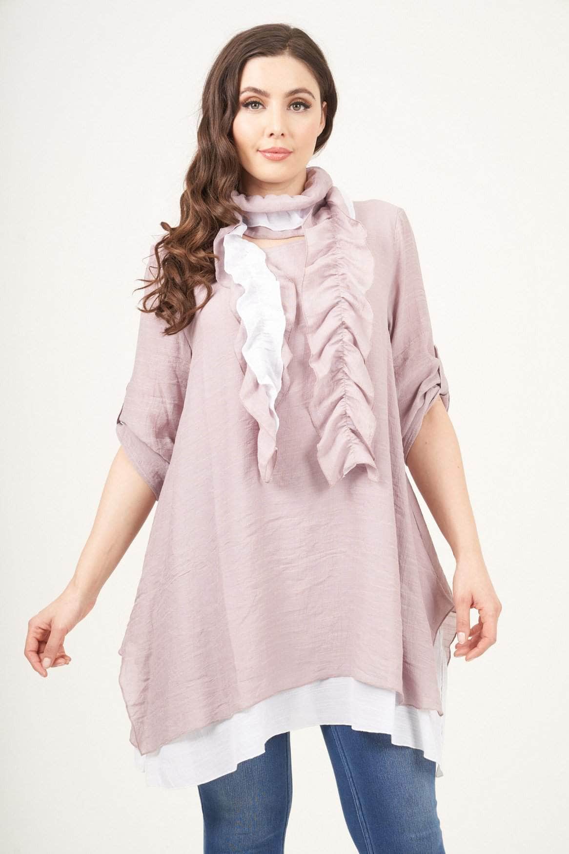 Saloos Tunic 10 / Stone Raelynn Linen-Look Layered Tunic with Scarf