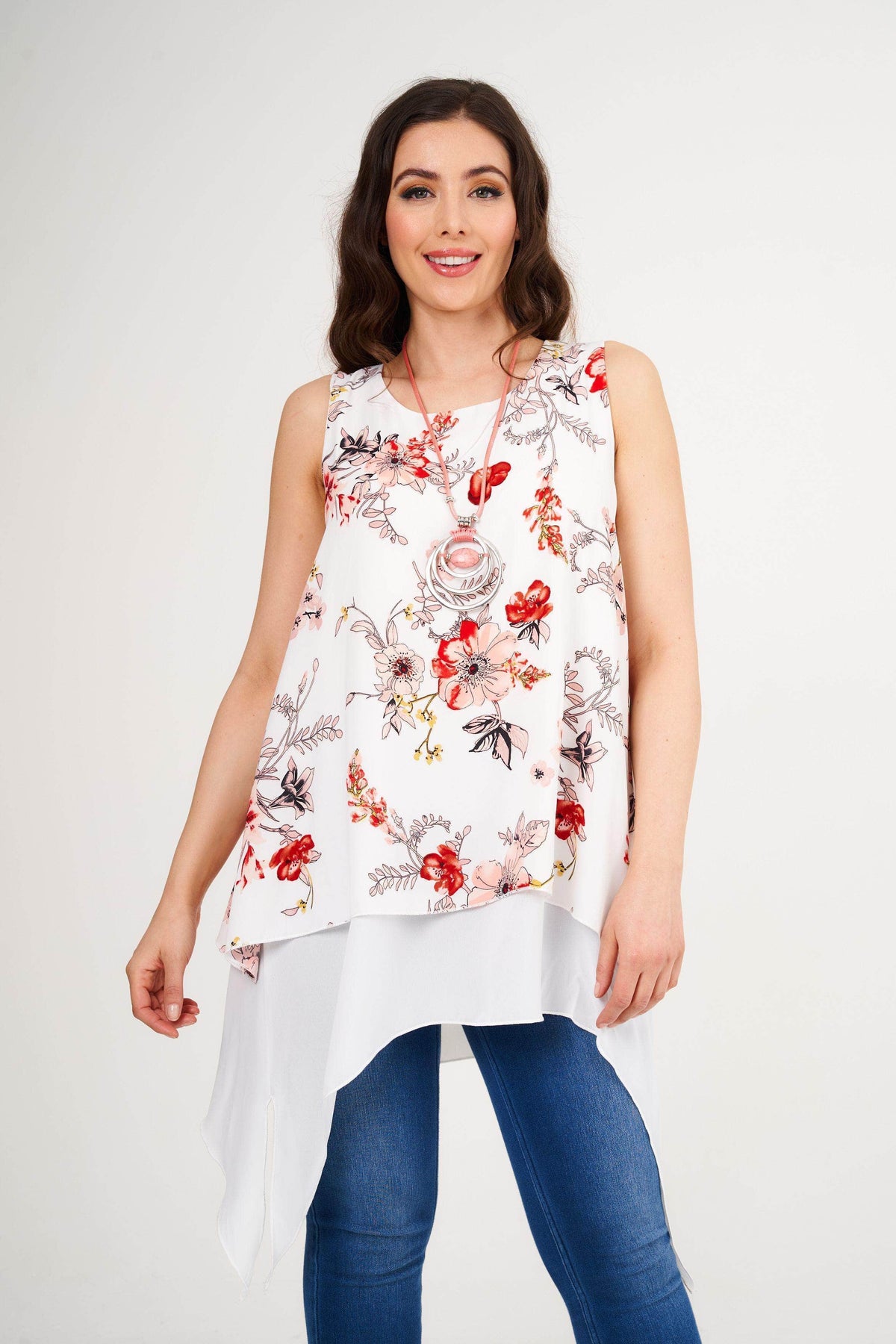 Saloos Tunic Double-Layered Tunic Top with Necklace